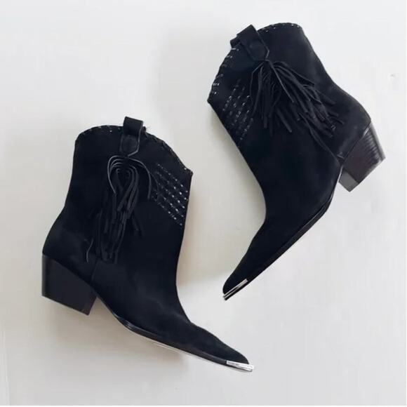 Schutz Alexxa Black Suede Pull-On Western Booties Fringe  NEW $218 SCHUTZ Black Suede Fringe Western Pointed Toe Bootie